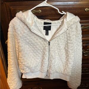 Forever 21 Cream Teddy Faux-Fur Hooded Zip Jacket